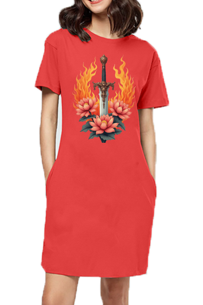 Ziddi Prints Lotus Flowers with Sword T-SHIRT DRESS