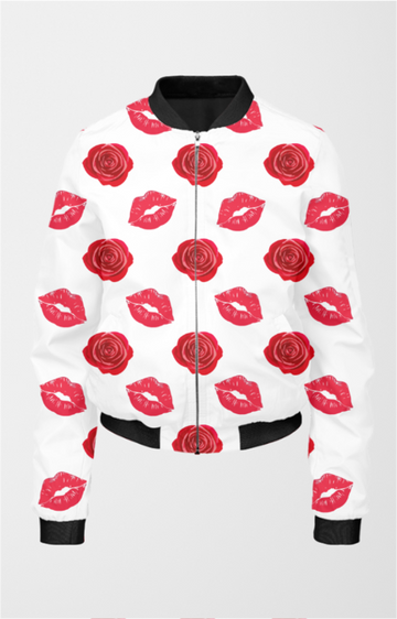 Ziddi Prints Lips & Roses Women’s Bomber Jacket – Embrace Passionate Love in Style