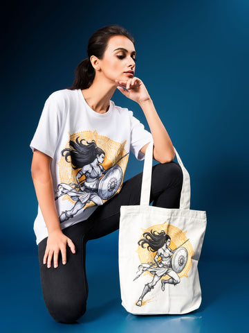 The Ziddi Prints-Combo-Warrior Mid Pose-Supima Cotton T-Shirts & Tote Bag Zipper