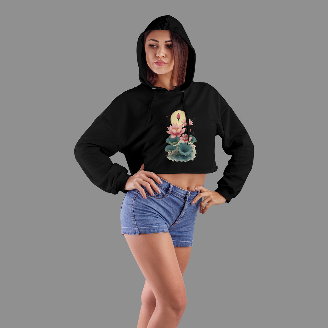 The Ziddi Prints-Lotus Flowers in Pond-Female Crop Hoodie